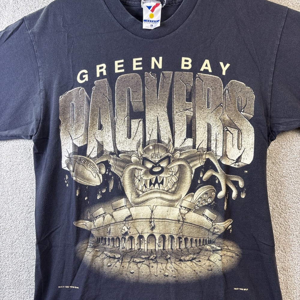 Vintage Green Bay Packers T-Shirt Mens Large Black 1995 Taz Looney Tunes Artex